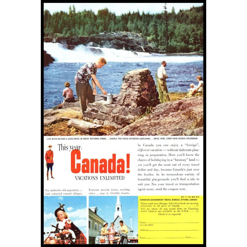 1954 Canada Vacation Travel Vintage Print Ad Nature Waterfalls Fishing Wall Art